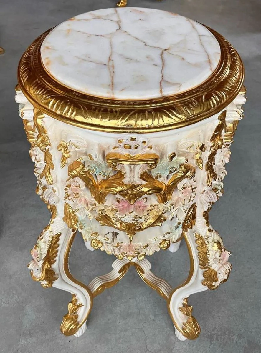 Baroque column with marble top white / pink / gold - magnificent antique style solid wood flower table - living room furniture in baroque style - antique style furniture - baroque furniture