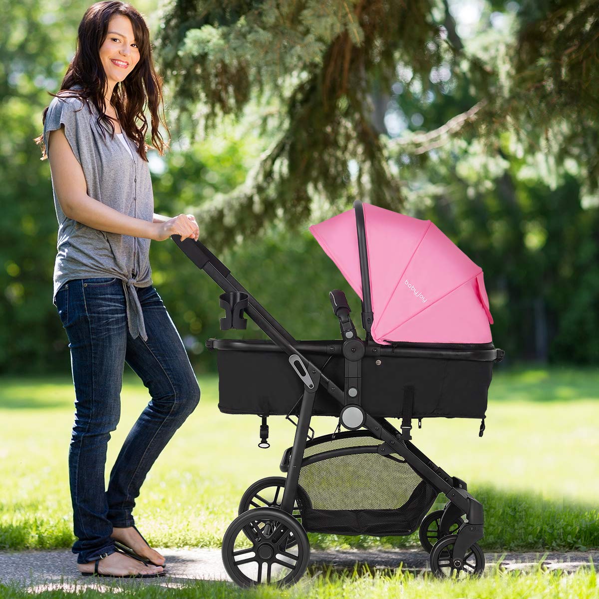 Kinderwagen, umwandelbarer Hochformat-Kinderwagen mit Stubenwagen, verstellbares Verdeck und Rückenlehne, Aufbewahrungskorb, Getränkehalter, faltbarer Kinderwagen für Neugeborene (Rosa)