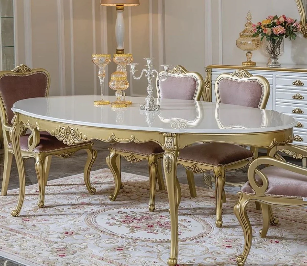 Luxury Baroque Dining Table White / Gold - Oval Solid Wood Dining Room Table - Magnificent Baroque Dining Room Furniture