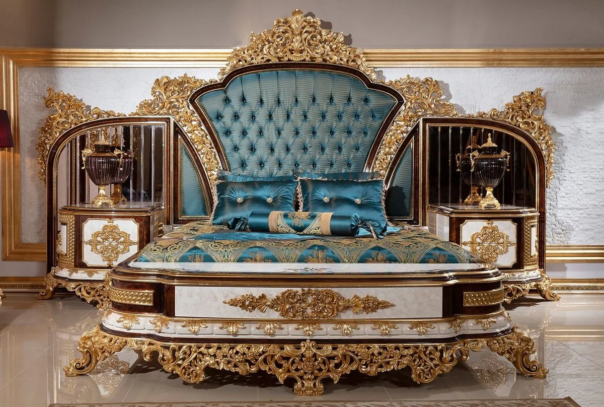 Luxury Baroque Nightstand Set White / Brown / Gold - Magnificent Solid Wood Bedside Tables - Baroque Bedroom Furniture - Noble & Magnificent