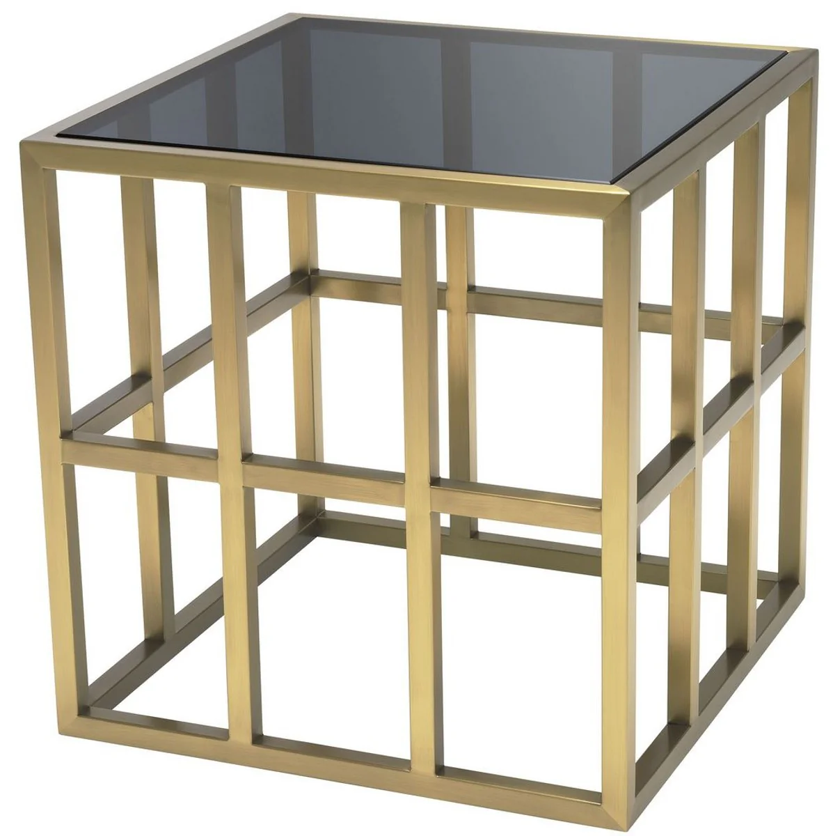 Luxury side table in cube shape brass / gray 45 x 45 x H. 45 cm - Stainless steel table with glass top - Living room furniture - Luxury collection