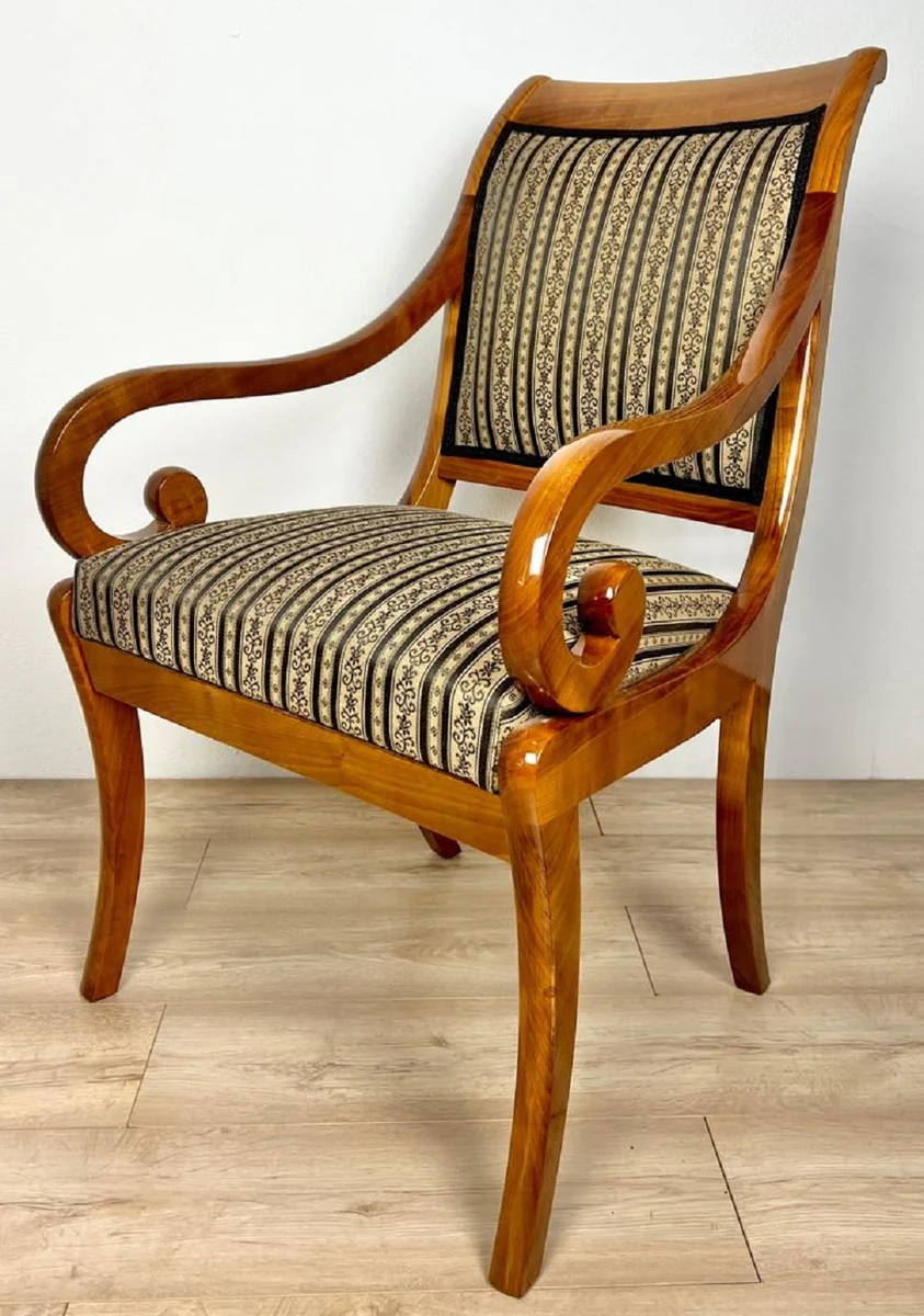 Luxury Biedermeier dining room chair with armrests and stripes brown / beige / black 60 x H. 95 cm - Solid wood kitchen chair - Solid wood dining room furniture - Biedermeier dining room furniture