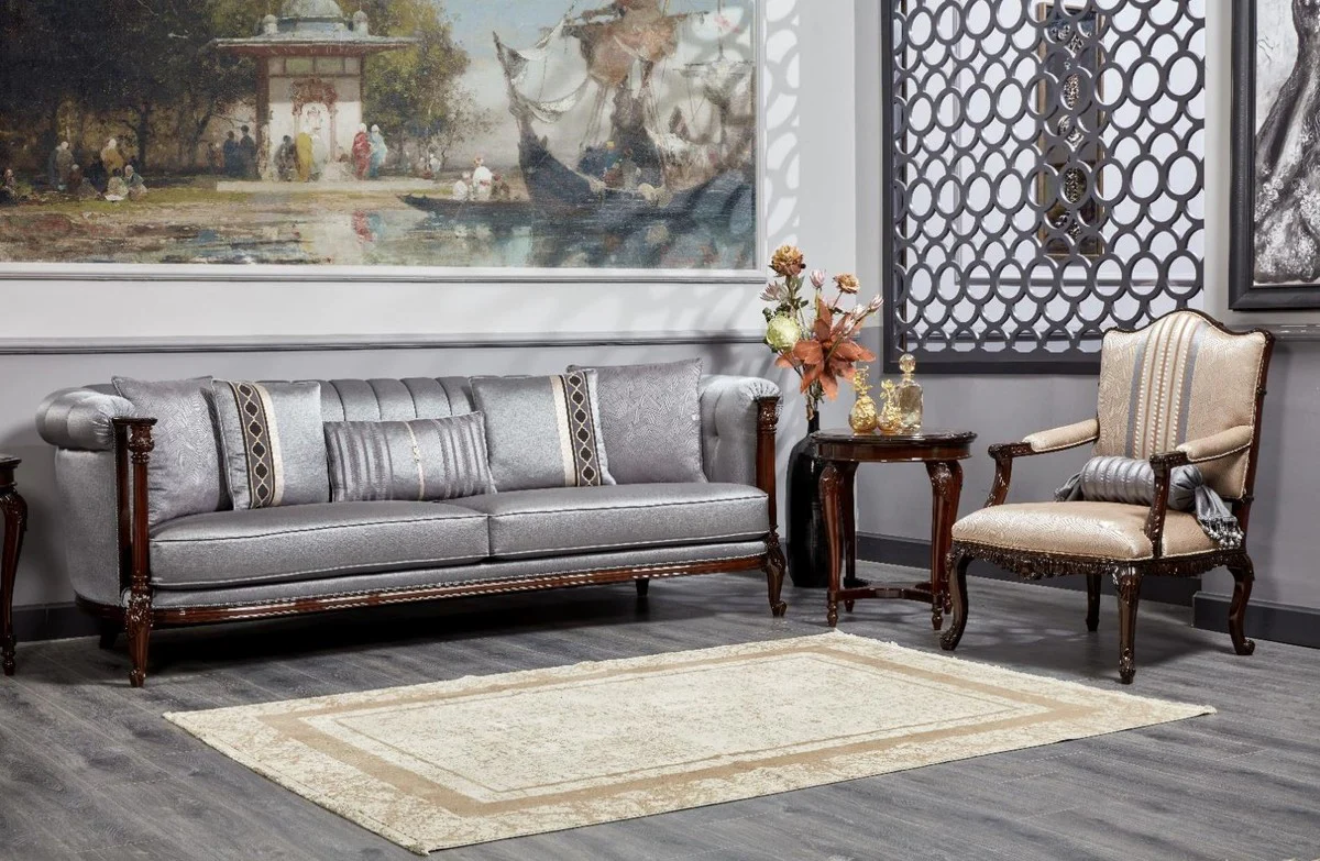 Luxury Baroque Sofa Silver / Dark Brown - Magnificent Living Room Sofa - Baroque Style Living Room Furniture - Luxury Furniture in Baroque Style - Baroque Furnishings - Noble & Magnificent