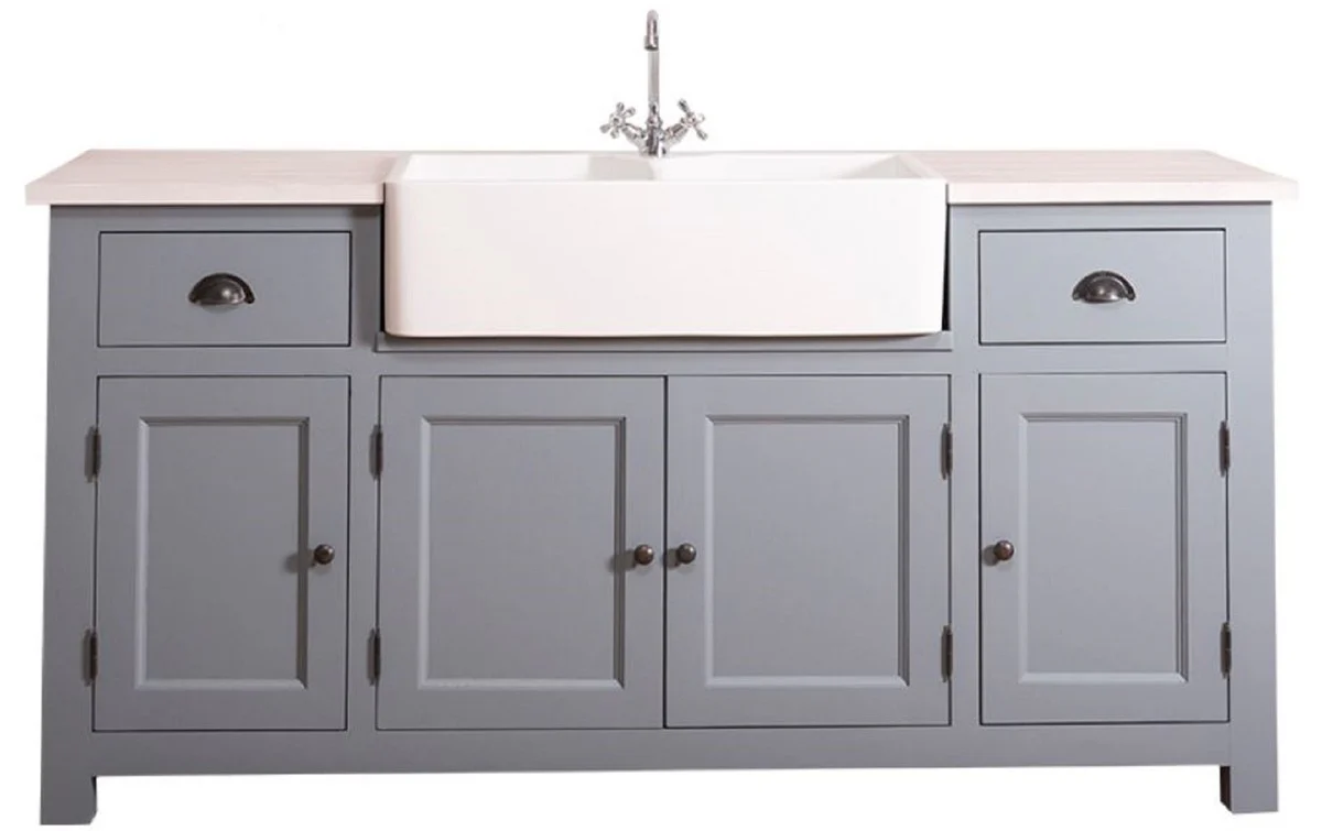 Country house style washbasin cabinet blue / white 180 x 65 x H. 90 cm - washbasin with 4 doors and 2 drawers
