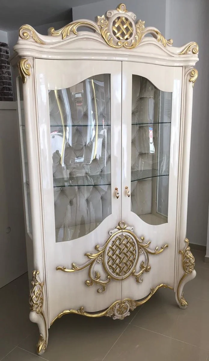 Luxury baroque display cabinet white / gold 130 x 50 x H. 222 cm - Magnificent display cabinet with 2 glass doors and 2 glass shelves - Baroque furniture