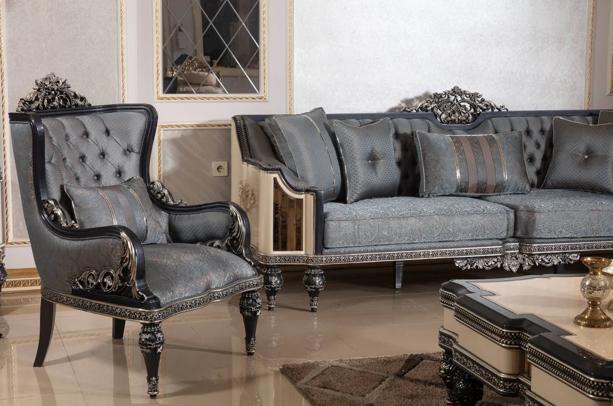 Luxus Barock Wohnzimmer Set Hellblau / Beige / Schwarz / Gold - 2 Sofas & 2 Sessel & 1 Couchtisch & 2 Beistelltische - Handgefertigte Wohnzimmer Möbel im Barockstil - Edel & Prunkvoll