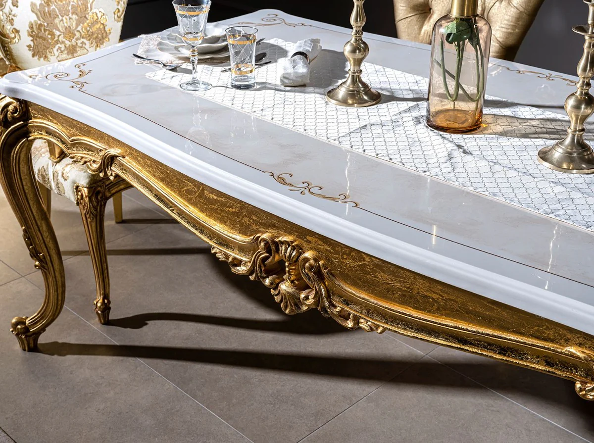 Luxury baroque dining table white / gold 202 x 102 x H. 80 cm - solid wood kitchen table - dining room table - magnificent dining room furniture in the baroque style
