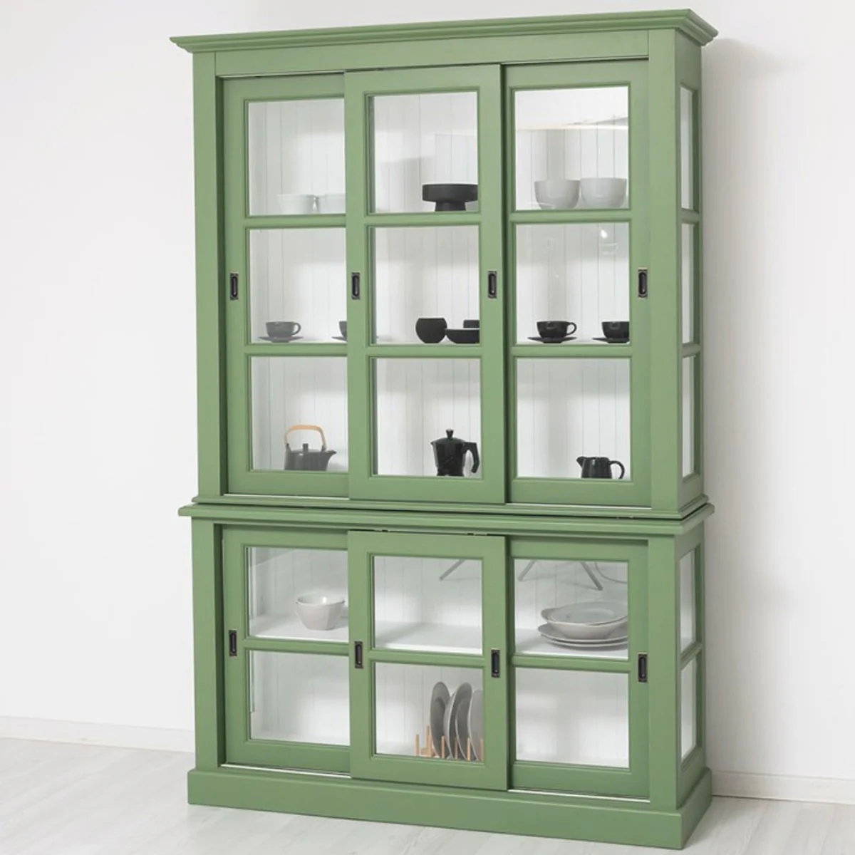 Country house style display cabinet with 6 sliding doors green / white 151 x 47 x H. 220 cm