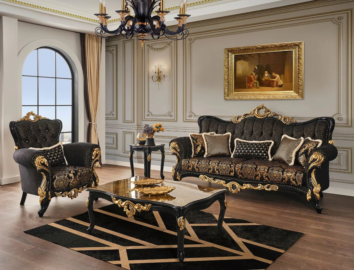 Luxury baroque sofa black / gold 230 x 80 x H. 126 cm - Magnificent living room sofa with elegant pattern and decorative pillows - Baroque living room furniture