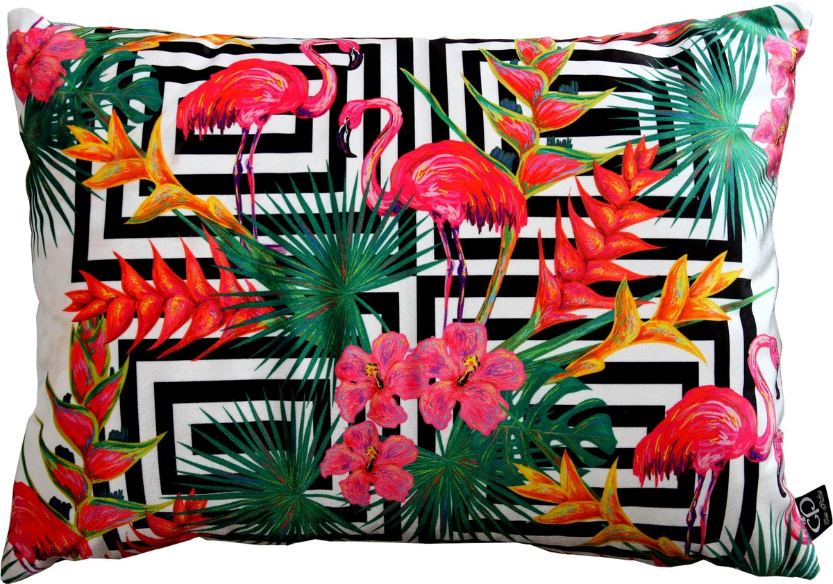 Luxus Kissen Miami Flamingos & Flowers Mehrfarbig 35 x 55 cm - Feinster Samtstoff - Deko Wohnzimmer Kissen