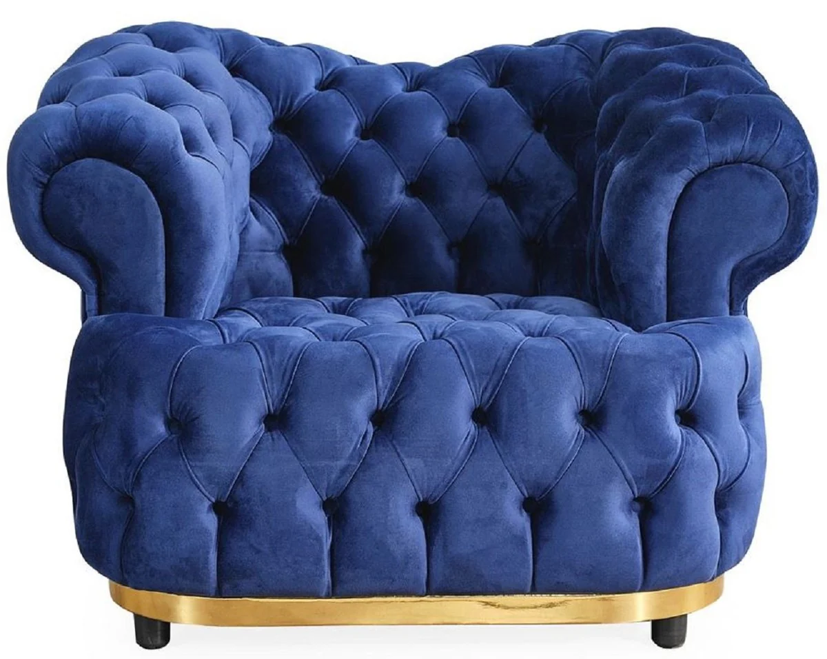 Luxury Chesterfield Velvet Armchair Blue / Gold / Black 110 cm