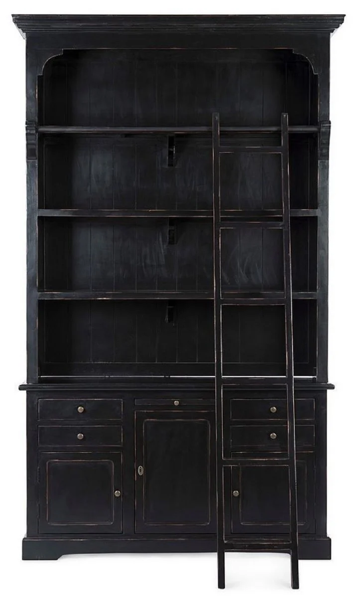 Country house style cabinet with ladder antique black 143.5 x 40.6 x H. 233.7 cm - bookcase - shelf cabinet - living room cabinet - office cabinet - country house style furniture