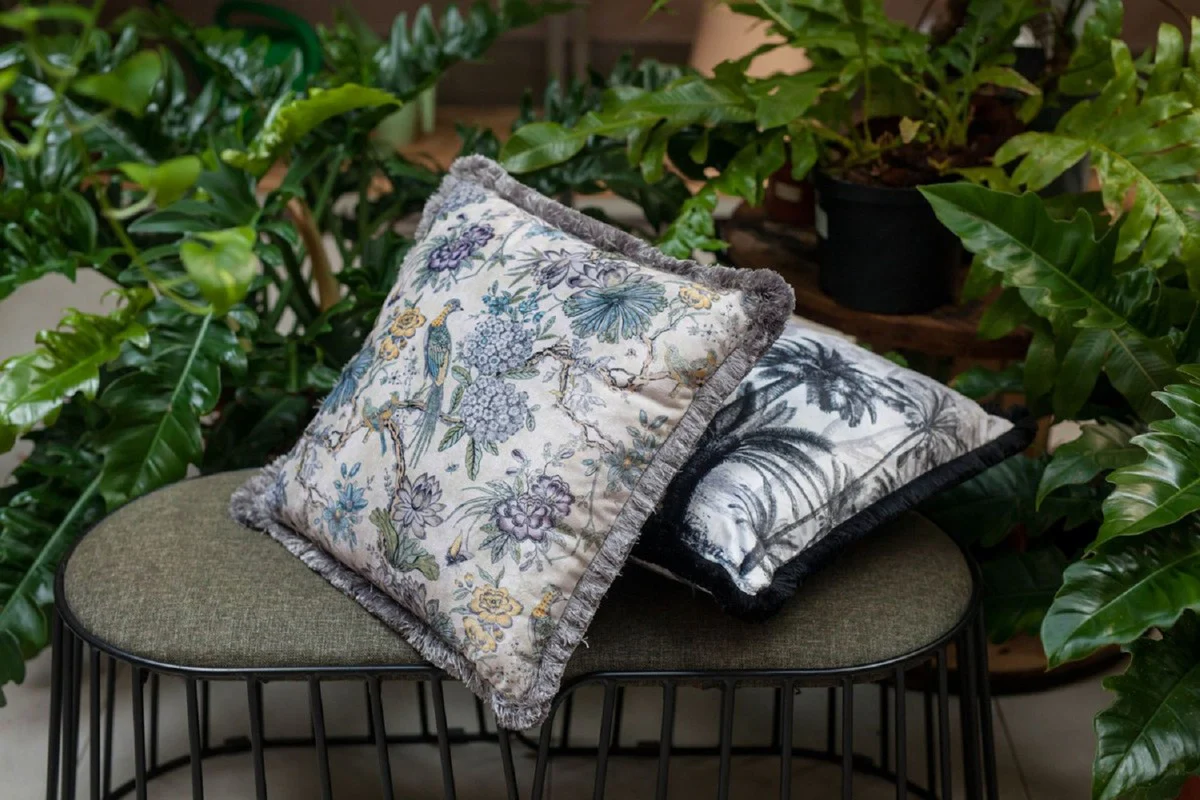 Luxury decorative cushion flowers & birds light beige / multicolored 45 x 45 cm - printed velvet cushion with fringes - luxury collection