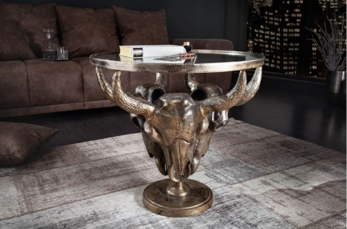 Designer coffee table antique bronze Ø 56 x H. 53 cm - Round living room table with 3 decorative bull heads and glass top - Living room furniture