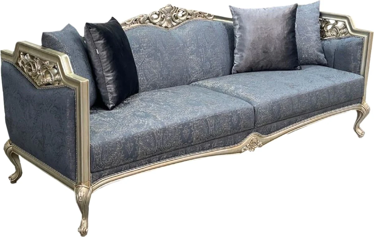 Luxury Baroque Sofa Blue / Silver / Gold - Magnificent Living Room Sofa - Baroque Style Living Room Furniture - Baroque Furnishings - Luxury Furniture in Baroque Style - Noble & Magnificent