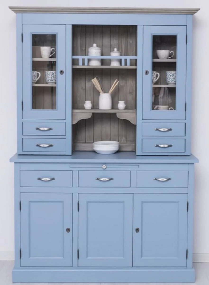 Country house style dining room cabinet light blue / gray 137 x 50 x H. 197 cm - solid wood kitchen cabinet - dining room furniture in country house style - country house style dining room furnishings