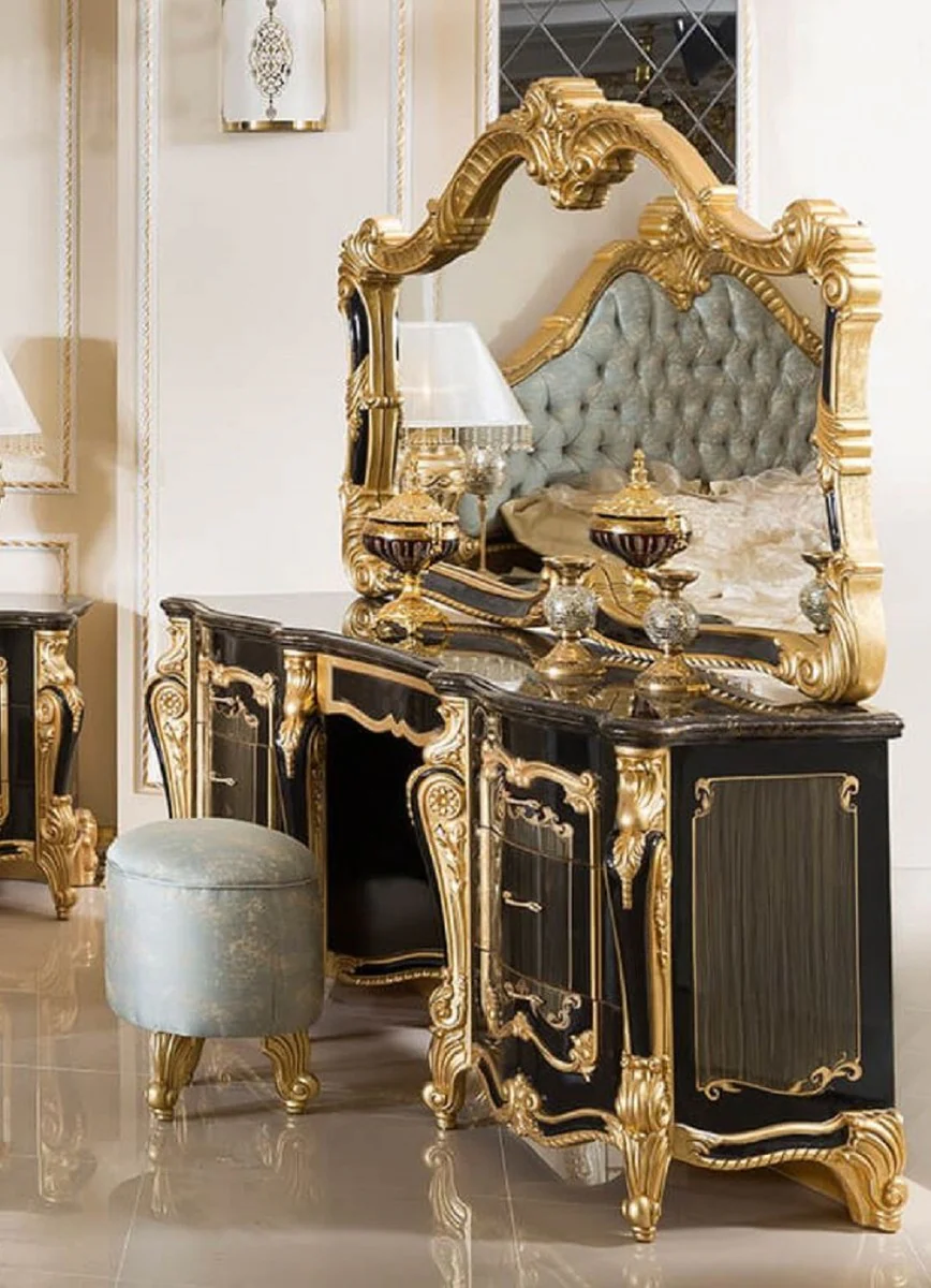Luxury Baroque Bedroom Set Black / Gold / Light Blue - 1 Baroque Dressing Table & 1 Baroque Mirror & 1 Baroque Stool - Baroque Bedroom Furniture - Noble & Magnificent