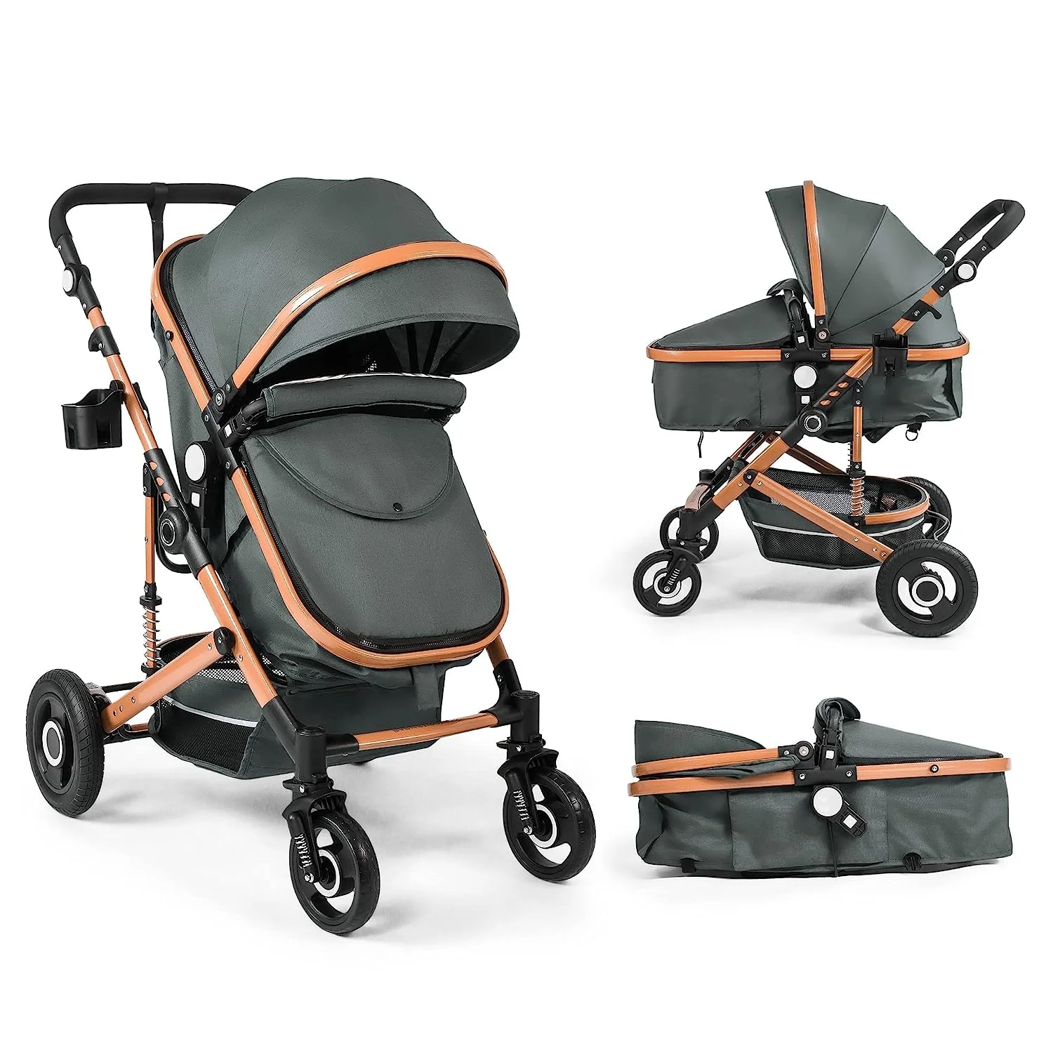 Kinderwagen, Hochformat-Kinderwagen, umkehrbarer Stubenwagen für Neugeborene, faltbarer Kinderwagen mit Fußabdeckung, Getränkehalter, Netz, Sicherheitshandschlaufe (Celadon)
