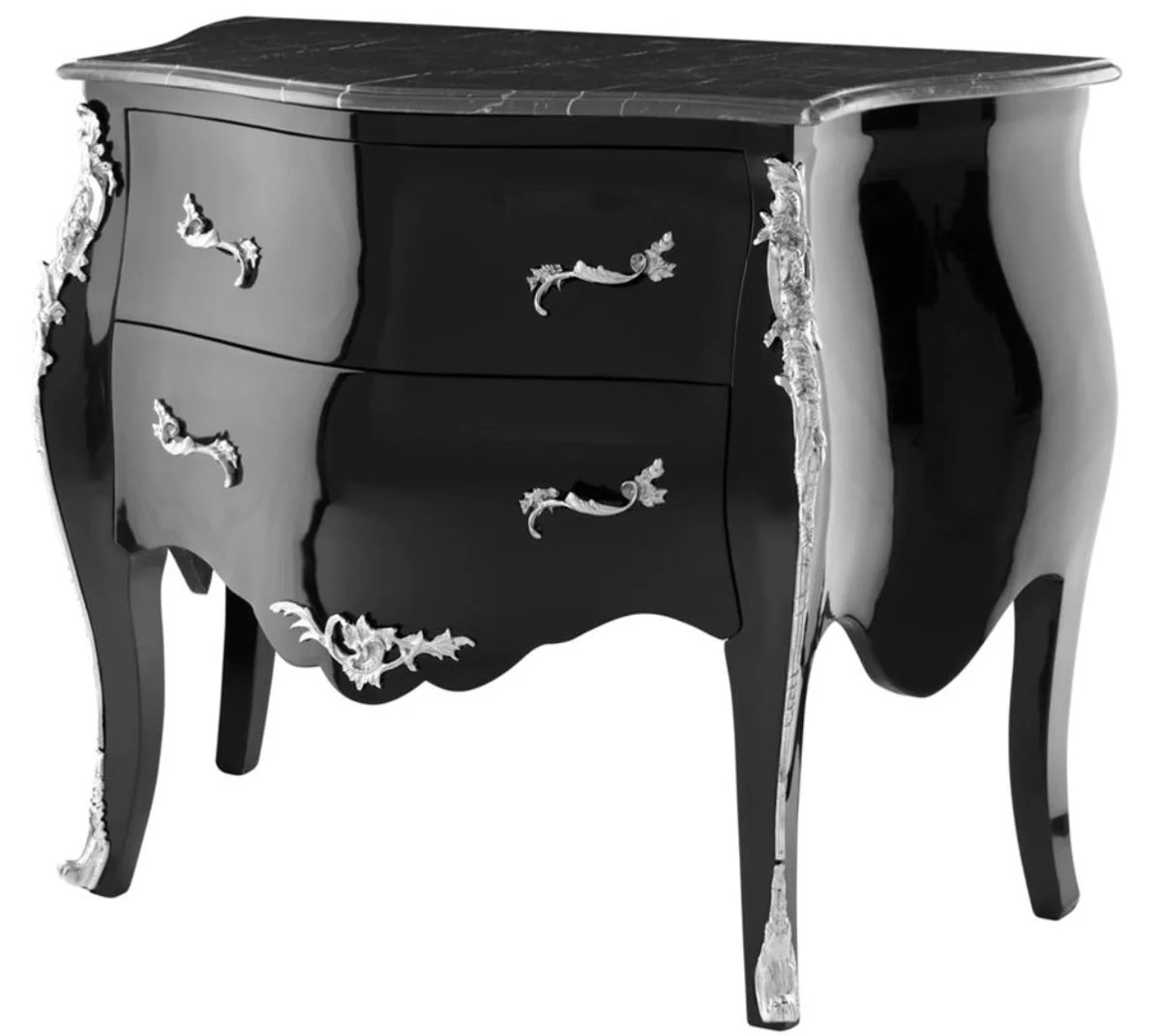 Luxury baroque chest of drawers with 2 drawers and marble top high-gloss black / silver / black 100 x 53 x H. 85 cm - luxury furniture in the baroque style