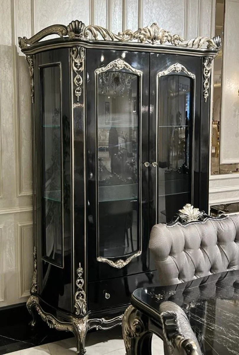 Luxury baroque display cabinet black / silver - magnificent solid wood display cabinet with 2 glass doors - handmade baroque furniture - noble and magnificent