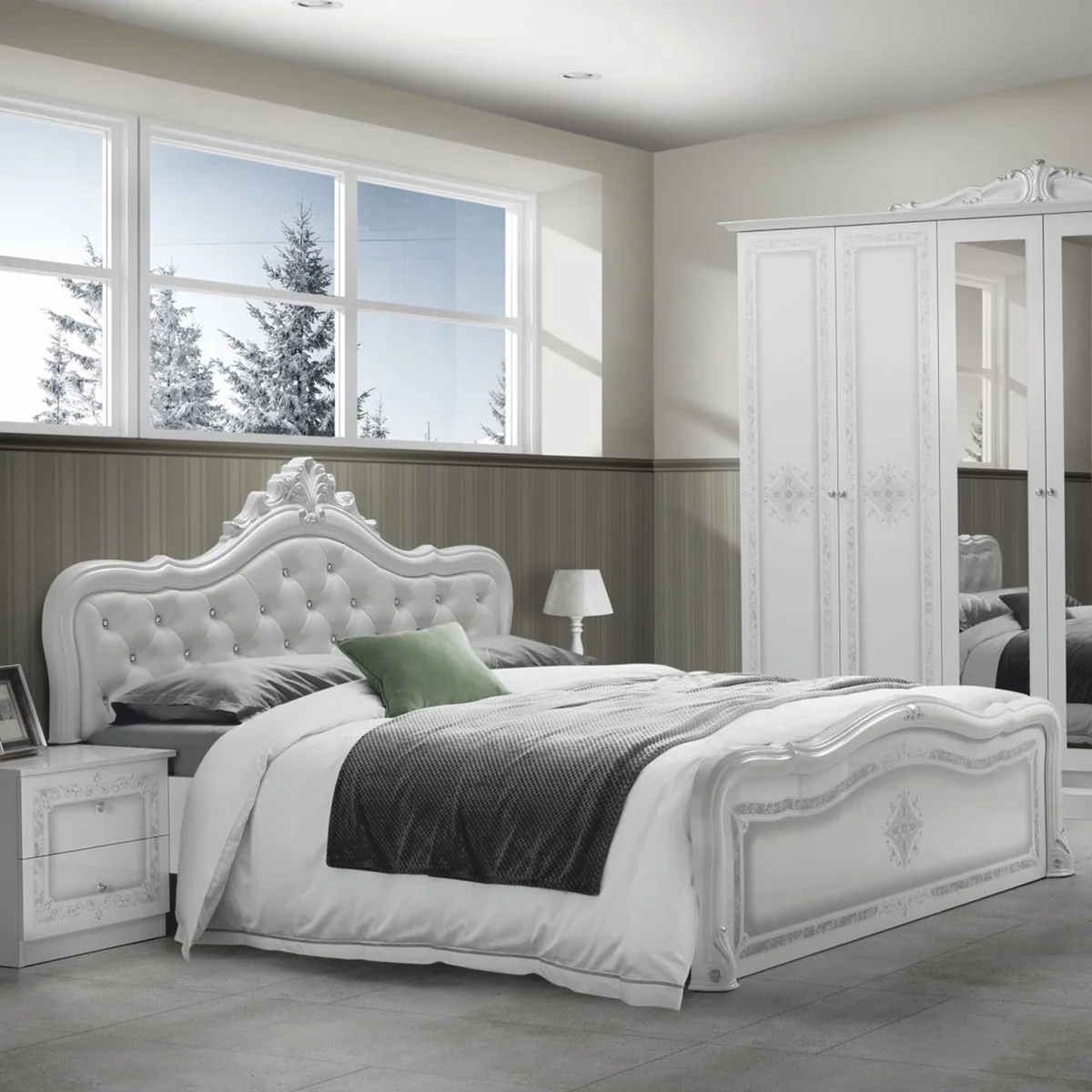 Luxury baroque double bed with rhinestones white / gray - baroque bedroom furniture