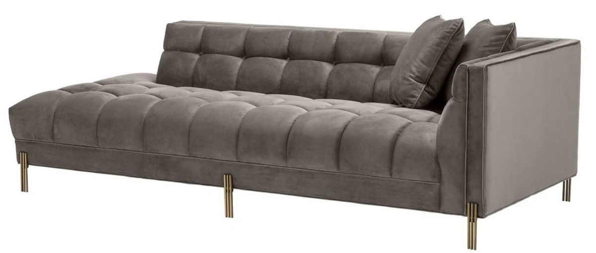 Luxury lounge sofa gray - greige / brass colored 223 x 95 x H. 68 cm - right-side living room sofa with elegant velvet fabric and 2 cushions