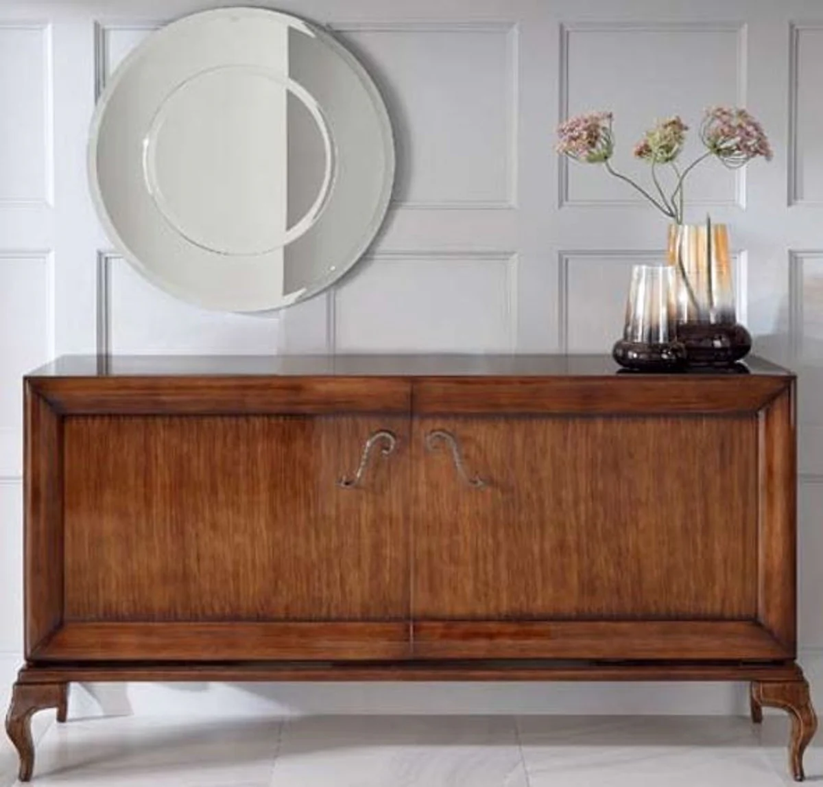 Luxury neoclassic chest of drawers with 2 doors brown 187 x 52 x H. 95 cm - solid wood sideboard - Art Deco living room furniture