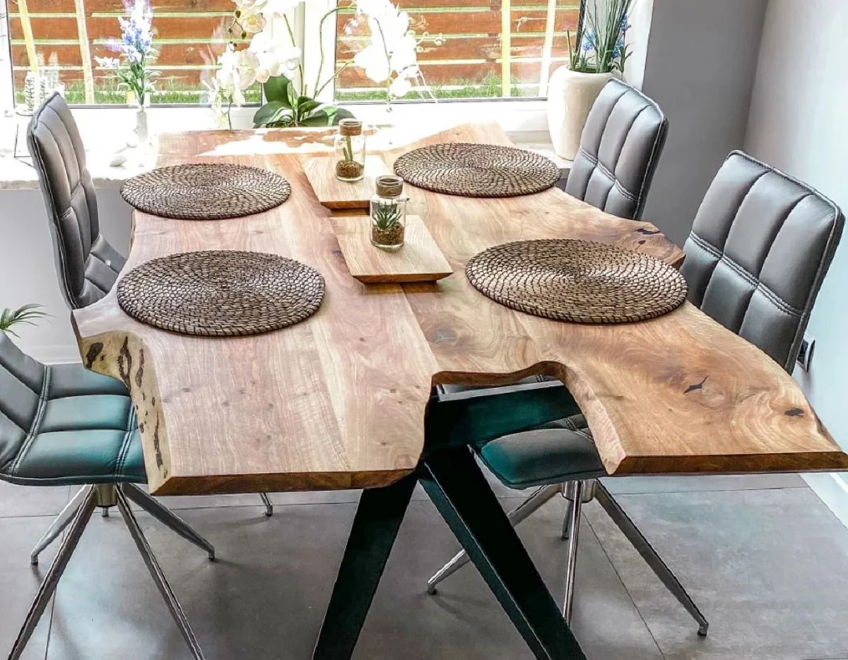 Luxury dining table natural colors / black 200 x 90 x H. 76 cm - Kitchen table with rustic solid wood table top - Rustic dining room furniture - Luxury dining room furniture