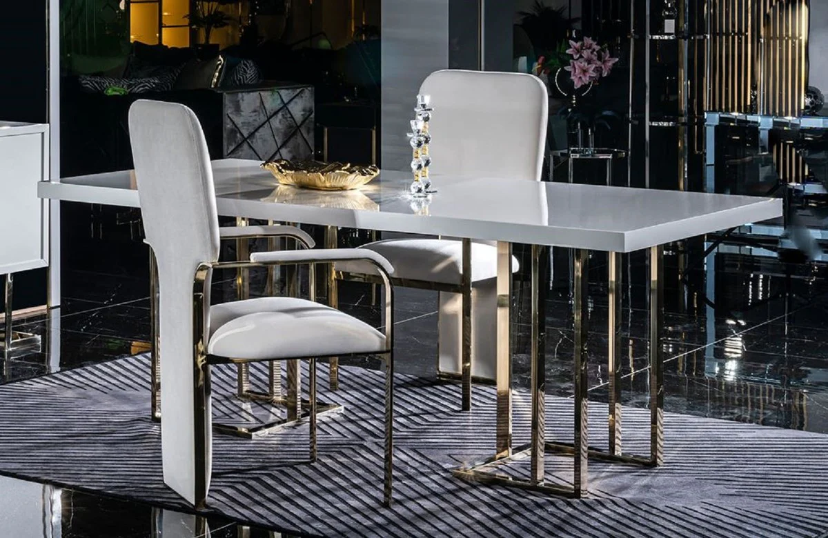 Luxury dining table white / gold 200 x 110 x H. 80 cm - Rectangular kitchen table with solid wood table top and metal legs - Dining room furniture - Kitchen furniture - Luxury furniture