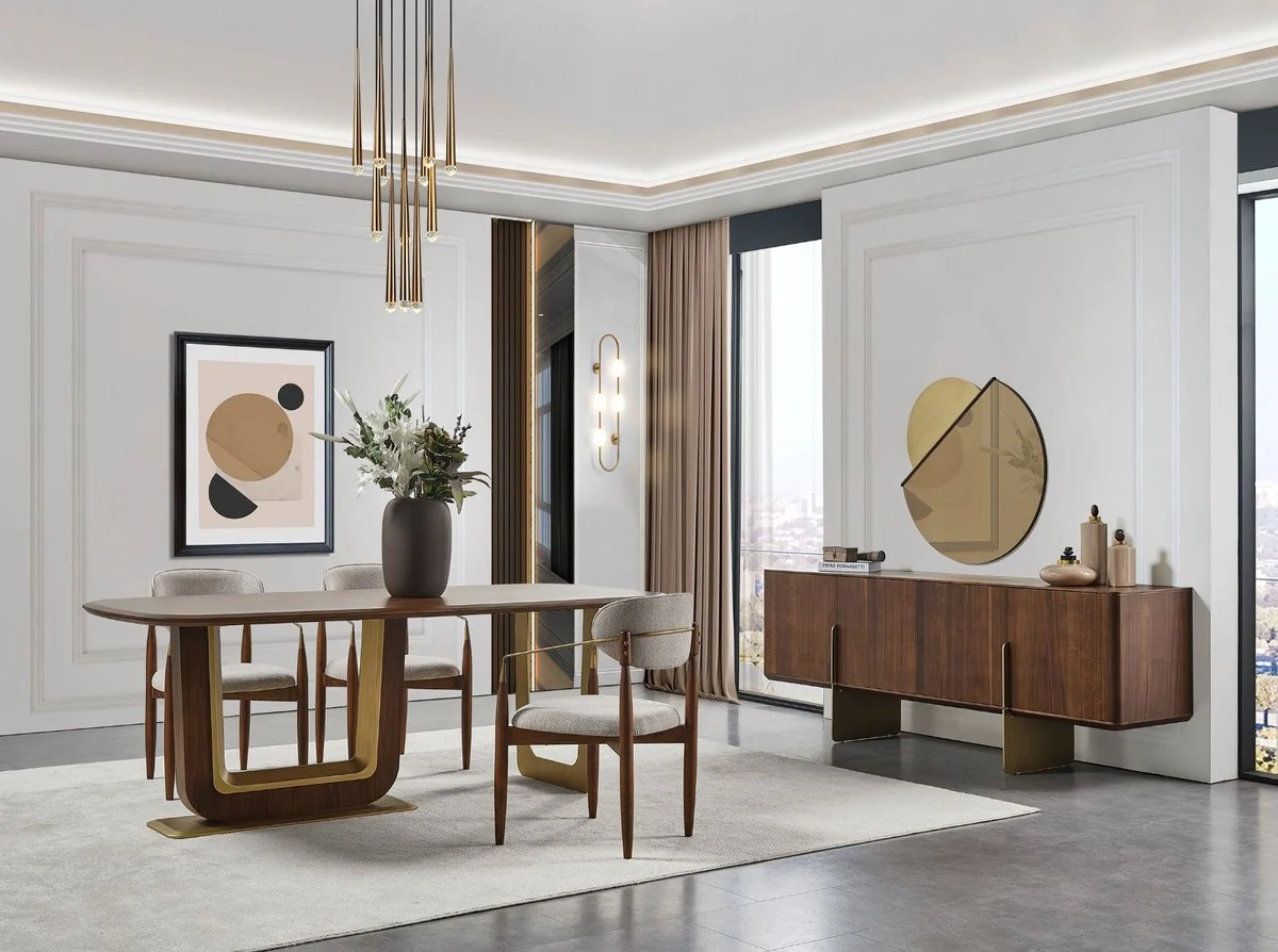 Luxury dining room set gray / brown / brass - 1 luxury dining room table & 6 luxury dining room chairs with armrests - dining room furniture - restaurant furniture - luxury furniture - luxury furnishings