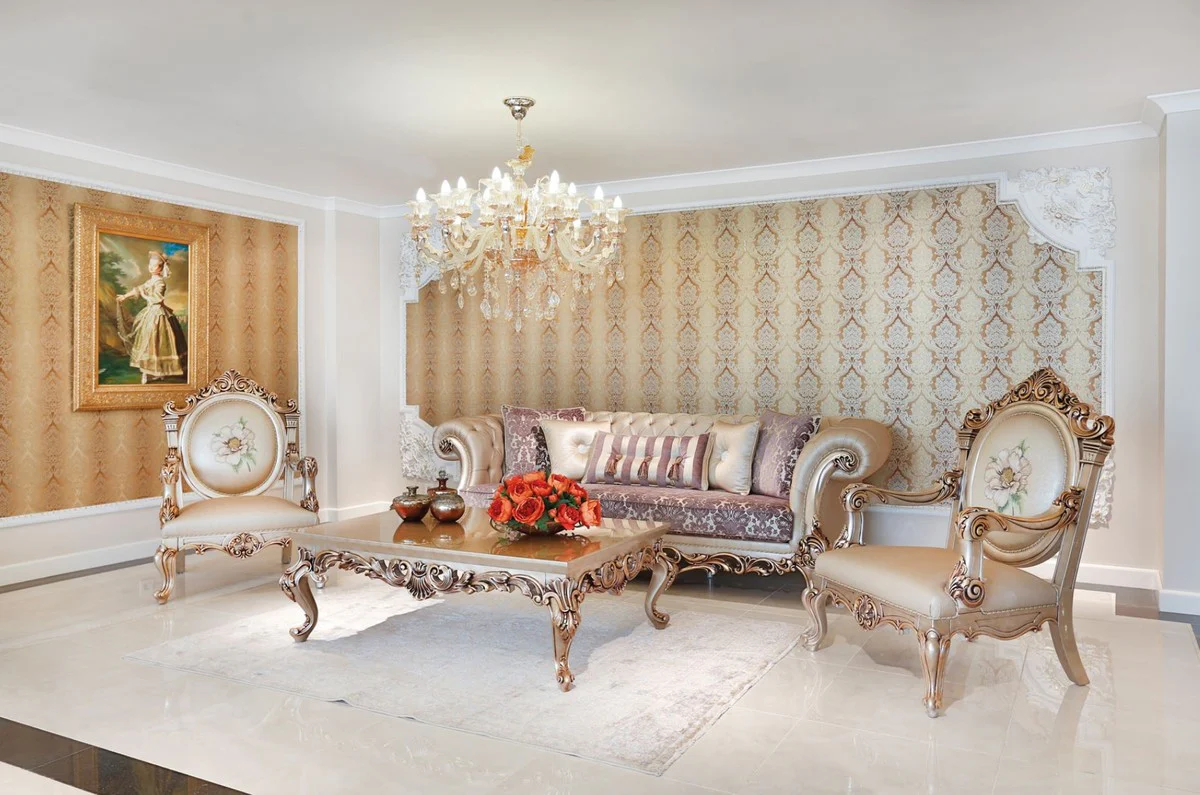 Luxus Barock Wohnzimmer Set Lila / Creme / Beige / Kupferfarben - 2 Sofas & 2 Sessel & 1 Couchtisch mit Glasplatte - Wohnzimmer Möbel im Barockstil - Edel & Prunkvoll