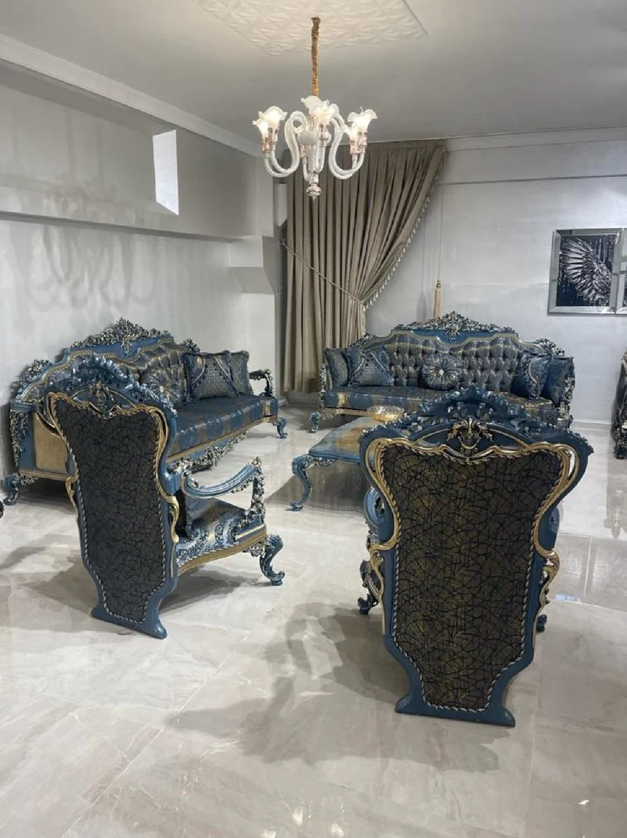 Luxury Baroque Sofa Blue / Gold - Magnificent Living Room Sofa with Elegant Pattern - Baroque Style Living Room Furniture - Luxury Furniture in Baroque Style - Noble & Magnificent