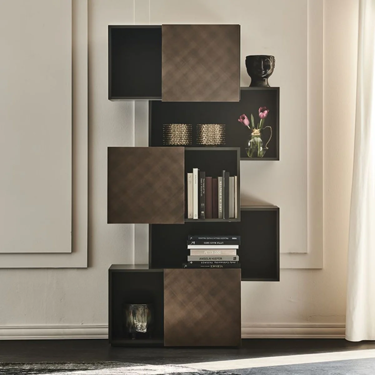 Luxury shelf cabinet with 3 sliding doors graphite / bronze 104.5 x 30 x H. 196.5 cm - bookcase - living room cabinet - office cabinet - luxury cabinet