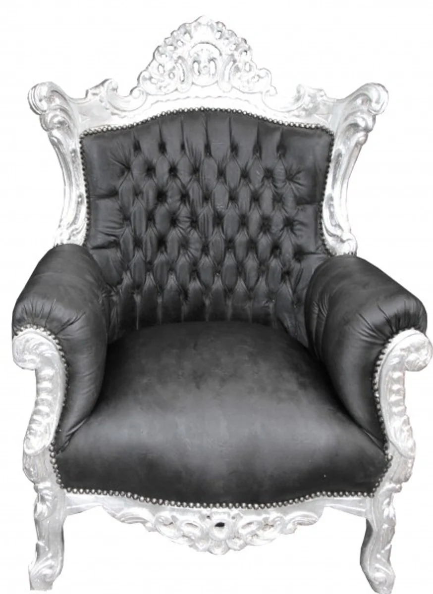 Barock Sessel Al Capone Schwarz Lederoptik/ Silber - Antik Stil