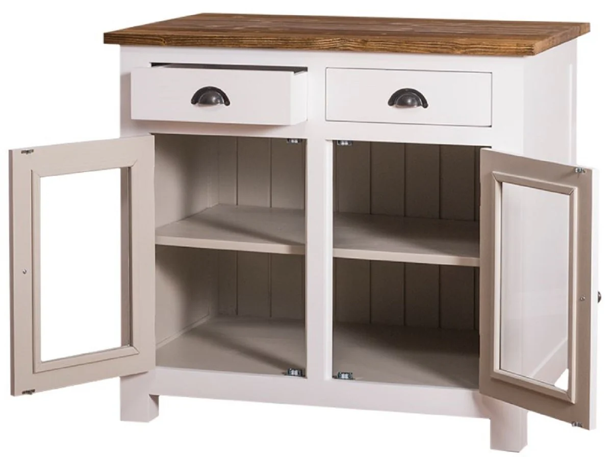 Country house style kitchen cabinet with 2 glass doors and 2 drawers white / gray / brown 100 x 65 x H. 90 cm - kitchen furniture in country house style