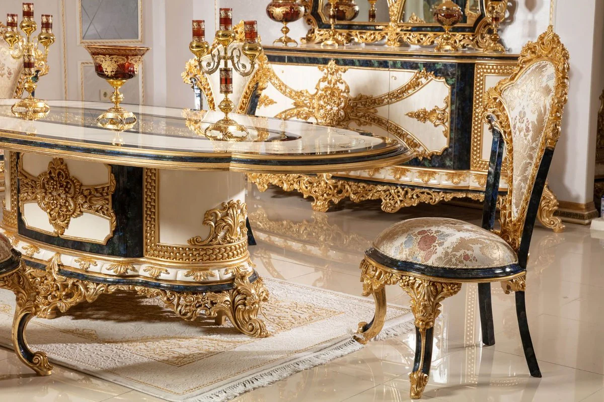 Luxury Baroque Dining Room Set White / Multicolored / Blue / Gold - 1 Baroque Dining Table & 6 Baroque Dining Room Chairs - Baroque Dining Room Furniture - Noble & Magnificent
