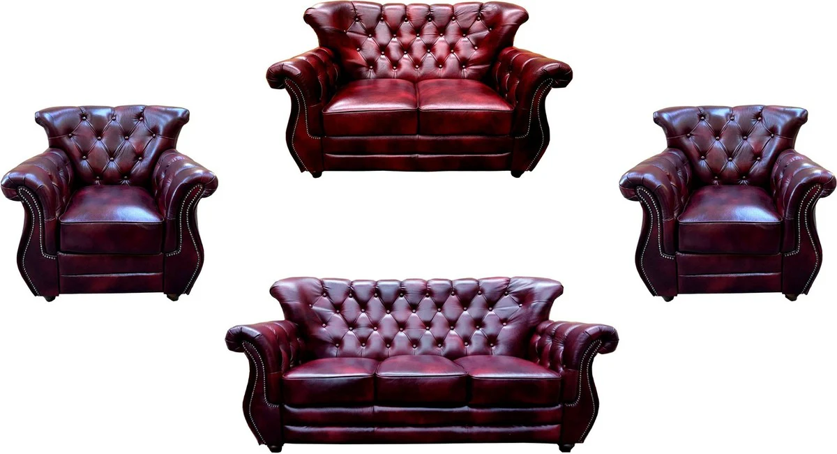 Luxus Chesterfield Echtleder Wohnzimmer Set Bordeauxrot / Braun / Silber - 2 Leder Sofas & 2 Leder Sessel - Chesterfield Möbel - Wohnzimmer Möbel
