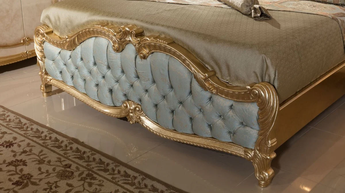 Luxury baroque bedroom set light blue / white / beige / gold - 1 double bed with headboard & 2 bedside chests - bedroom furniture in baroque style - noble and magnificent