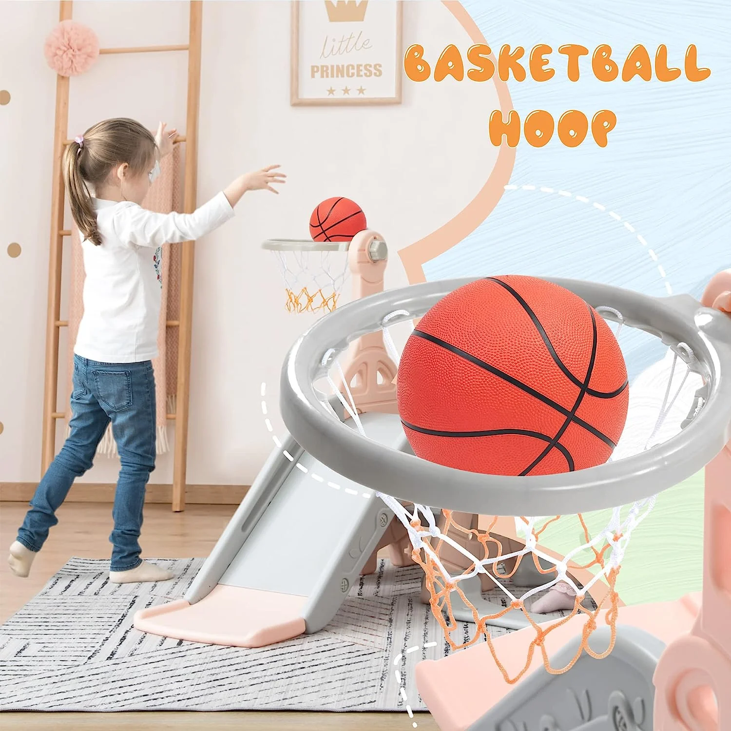 Merax 4-in-1-Rutsche für Kleinkinder, Indoor-Rutsche und Schaukel-Set für Kinder, freistehende Outdoor-Rutsche mit Basketballkorb (grüne Schaukelrutsche)