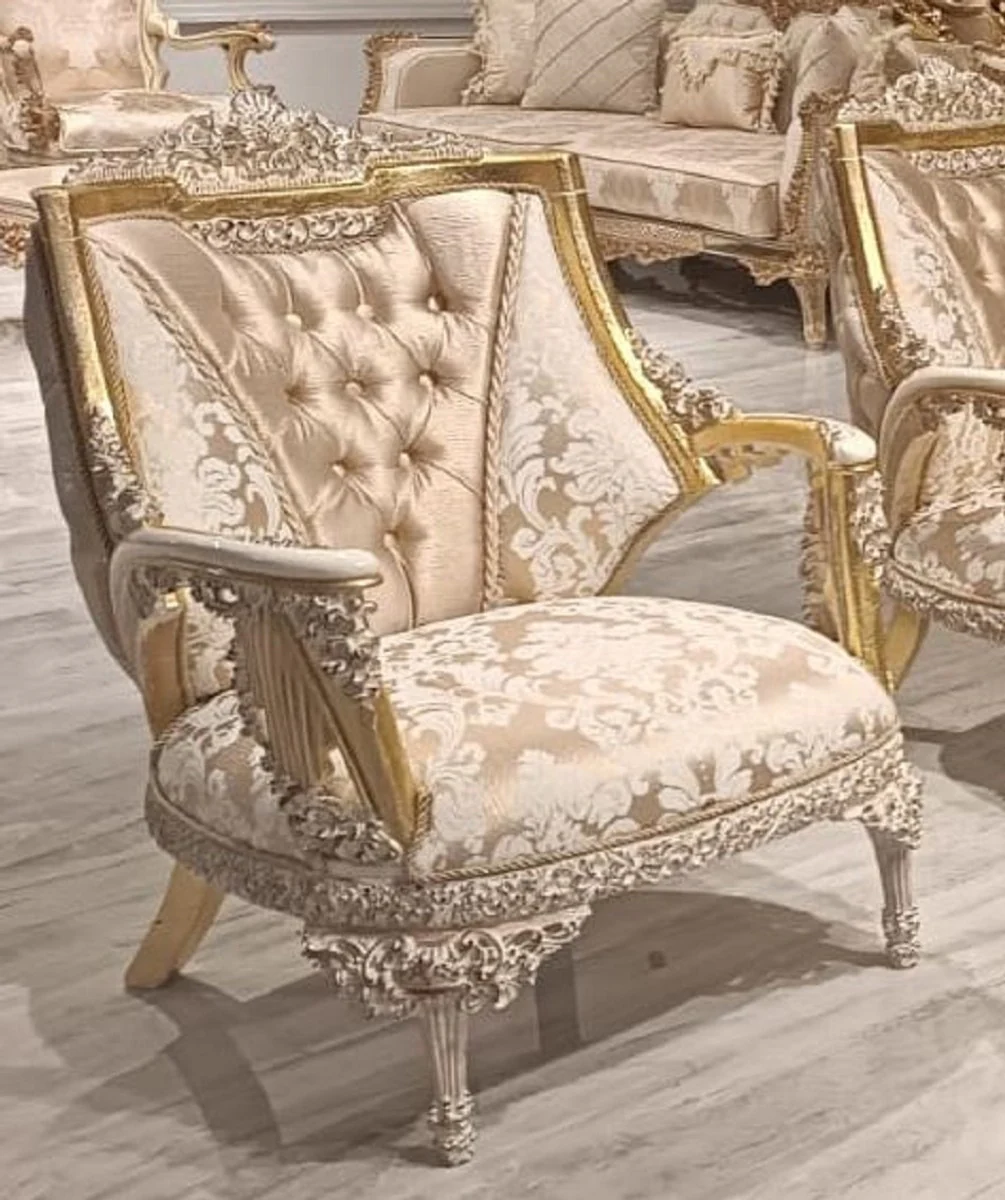 Luxury Baroque Living Room Set Gold / White - 2 Baroque Sofas & 2 Baroque Armchairs & 1 Baroque Coffee Table - Luxury Living Room Furniture in Baroque Style - Noble & Magnificent