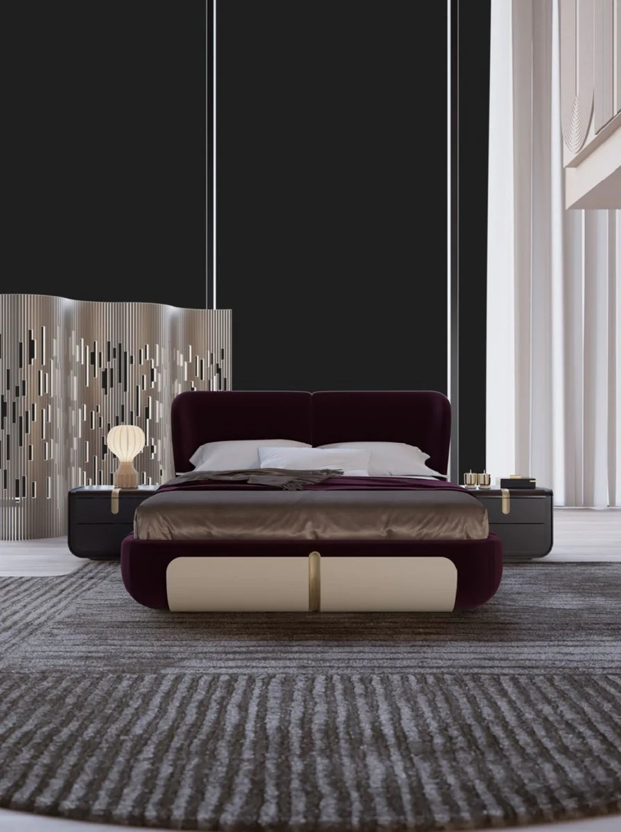 Luxury double bed purple / cream / beige 207 x 225 x H. 110 cm - solid wood bed - bedroom furniture - hotel furniture - luxury furniture - luxury furnishings