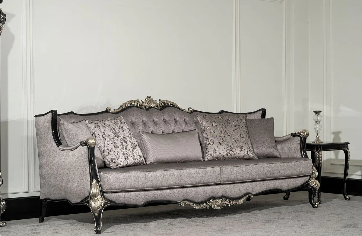 Luxury Baroque Living Room Sofa Silver / Black / Silver - Magnificent Baroque Style Sofa with Decorative Pillows - Luxury Living Room Furniture in Baroque Style - Baroque Furniture