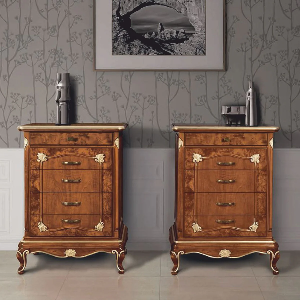 Luxus Barock Kommode mit 5 Schubladen Braun / Gold H. 105 cm - Made in Italy