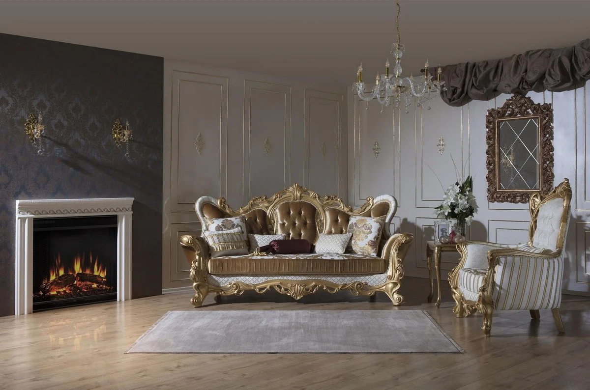 Luxury baroque sofa gold / white / gold 248 x 108 x H. 122 cm - living room sofa with elegant pattern and decorative pillows - magnificent baroque furniture