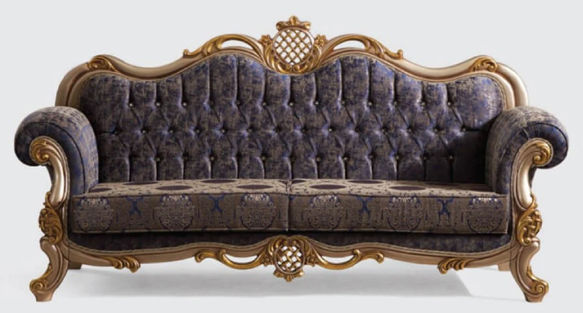 Luxus Barock Wohnzimmer Set Blau / Silber / Gold - 2 Sofas & 2 Sessel & 1 Couchtisch - Handgefertigte Wohnzimmer Möbel im Barockstil - Edel & Prunkvoll