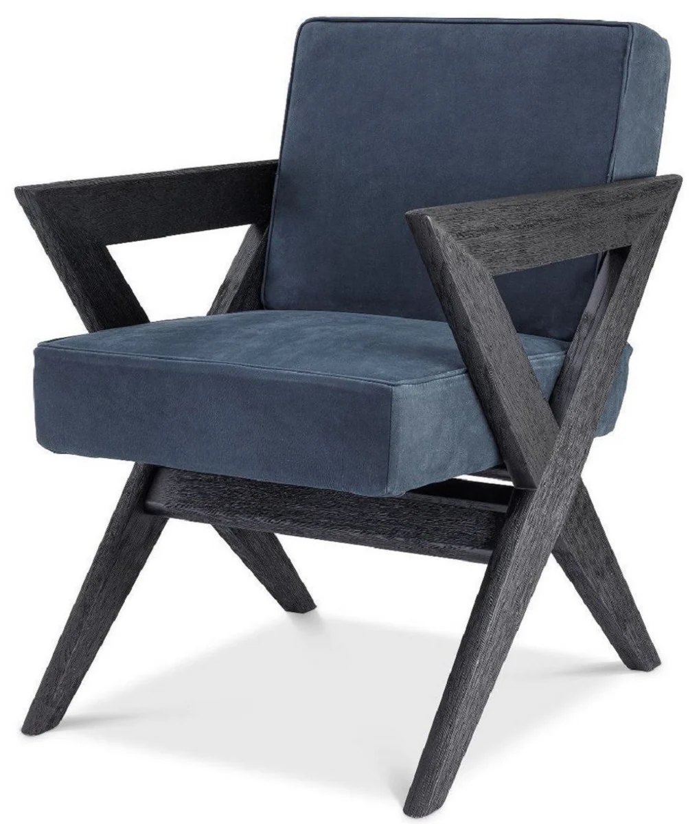 Luxury genuine leather dining room chair with armrests blue / black 59 x 74 x H. 88 cm - kitchen chair with elegant nubuck buffalo leather - luxury dining room furniture