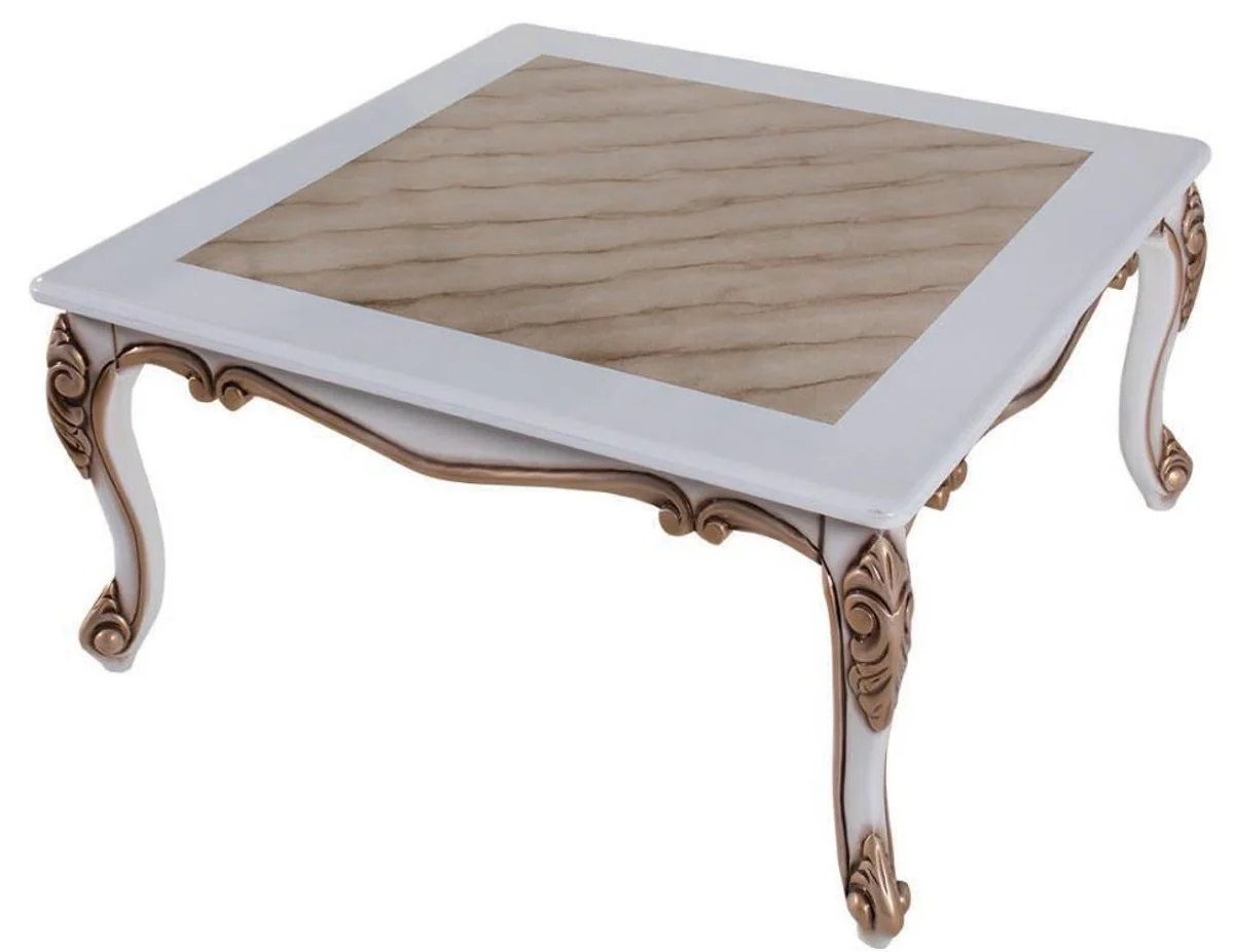 Luxury baroque coffee table beige / white / bronze 89 x 65 x H. 45 cm - solid wood living room table in baroque style - baroque living room furniture