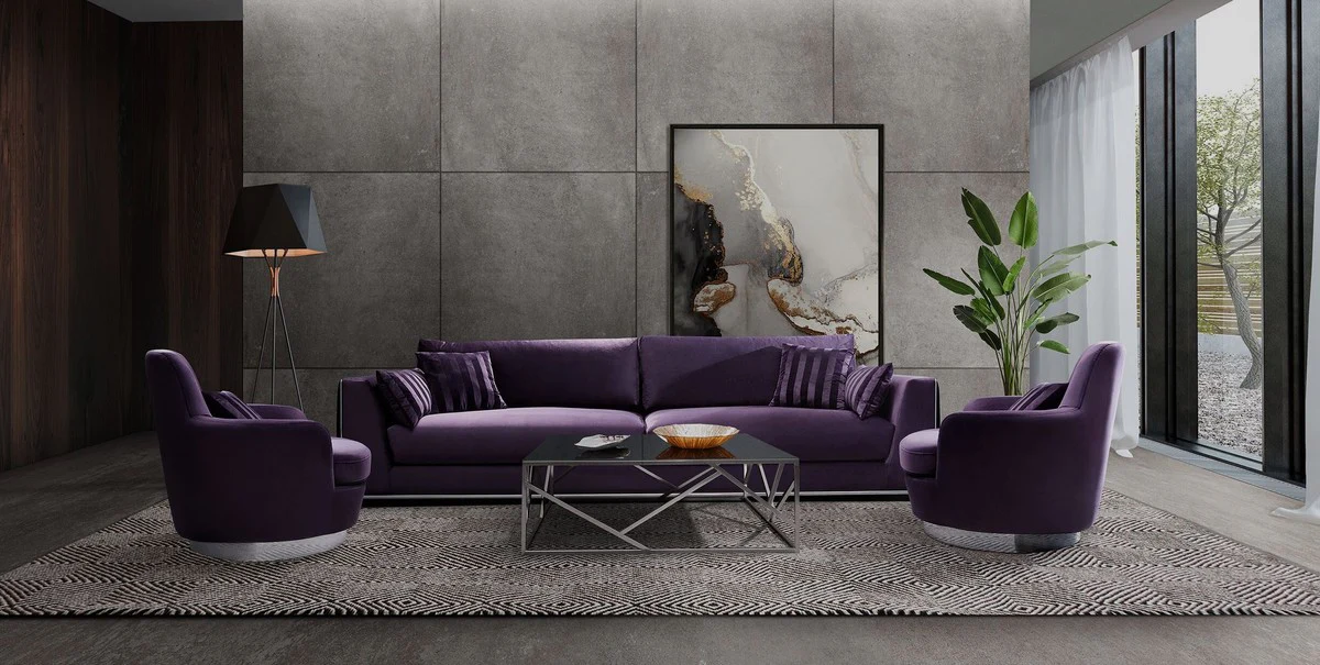 Luxury sofa purple / silver 300 x 102 x H. 61 cm - Living room sofa with decorative pillows - Luxury living room furniture