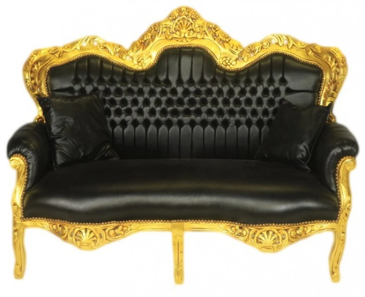 Baroque 2 Seater Sofa Master Black Leather Look / Gold - Living Room Couch Furniture Lounge