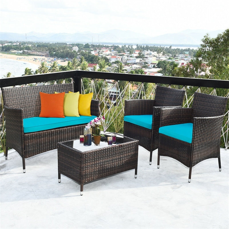 4 Pcs Outdoor Rattan Patio Conversation Set Wicker Furniture Set with Coffee Table and Cushion Sofas
